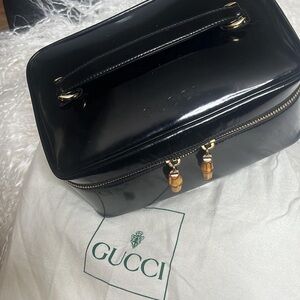 Gucci train case/makeup case, vintage bamboo perfect black patent leather